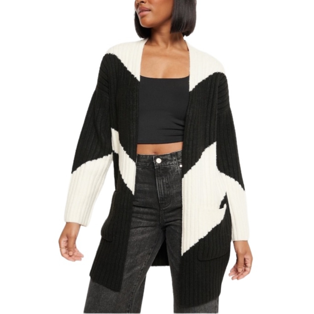 NWT $118 Express Open Front Mid-Thigh Color-Block Sweater Cardigan Black/Swan XS